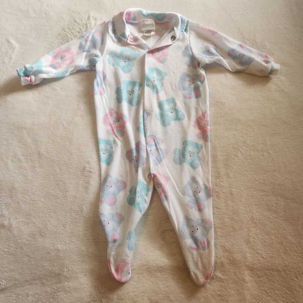 Vintage 90s Carter's Pastel Teddy Bear Fleece Sleeper Medium 3-6M Retro Babycore